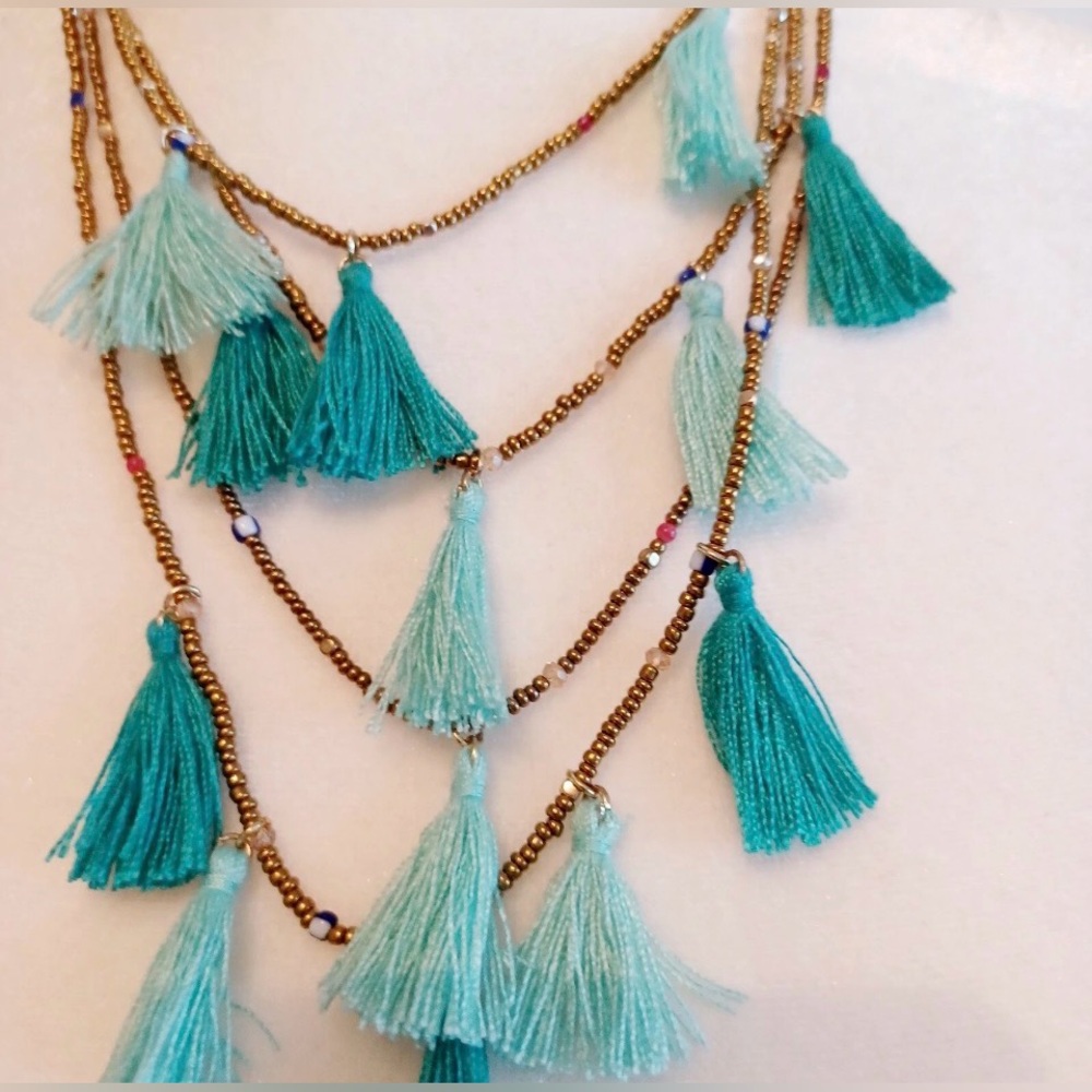 Express Boho Teal Tassel with brown beads Necklace - Picture 3 of 3
